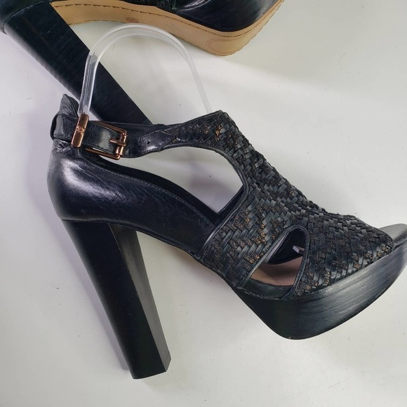 Elliot Lucca Bernadette Woven Leather T-Strap Heel 7.5 Black Sandal Ankle Buckle - Picture 12 of 13